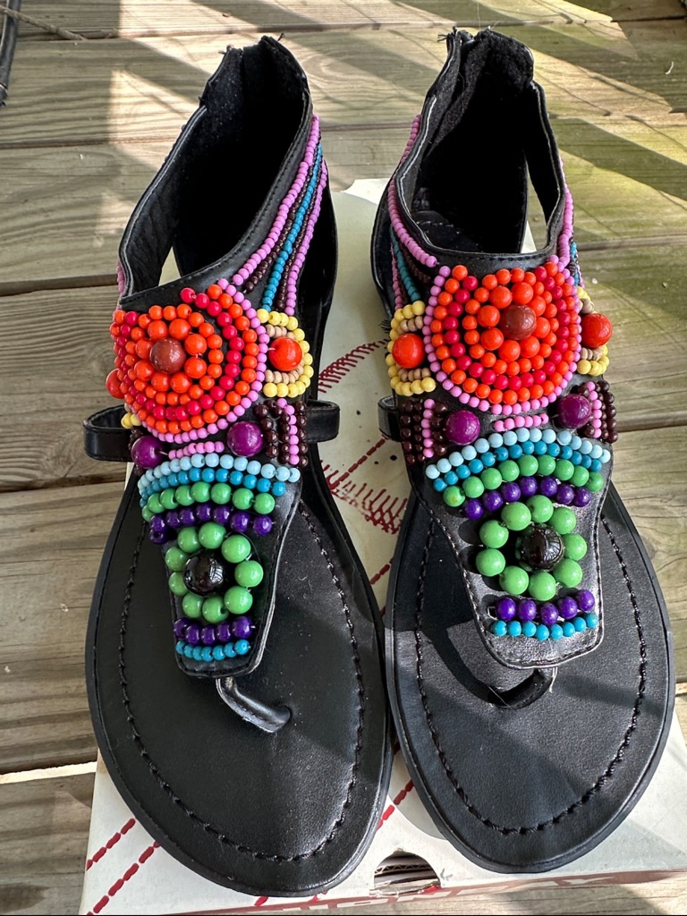 Beaded Black Women’s Gladiator Sandals - Multicolor Accents size 8.5